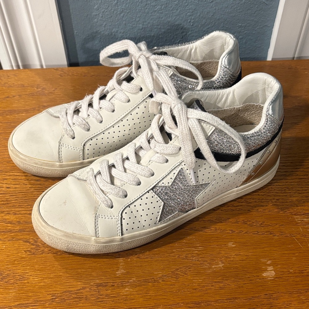 Vintage Havana White Sneakers with Silver Star and Glitter Heel